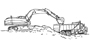 excavator and dump truck in black and white