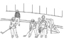 hockey players and referee on ice in front of net