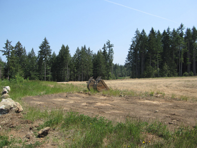 Two excavator buckets in a leveled field of bare earth
