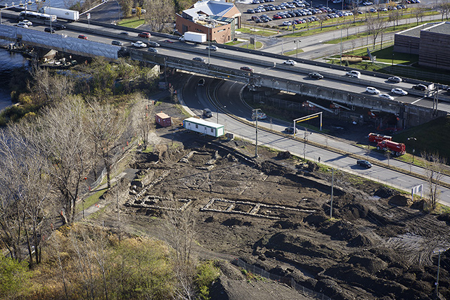 Overhead view of the 2014 archeological excavation  site on Ile des Soeurs where the foundations of the Leber Site buildings dating back to the 17th century can be seen