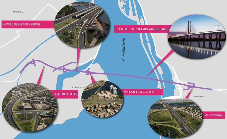 Map showing the new Champlain Bridge corridor from Autoroute 10 on the South Shore to Autoroute 15 on the Island of Montréal