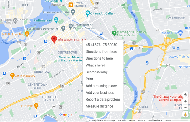 Screenshot of Google Maps showing latitude and longitude information