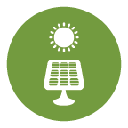 A green circle with a sun and solar panels in the middle