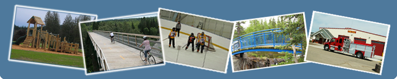 Photo of a play structure, photo of cyclists on a bridge, photo of ringette players, photo of a bridge, photo of a fire hall with a fire truck in front