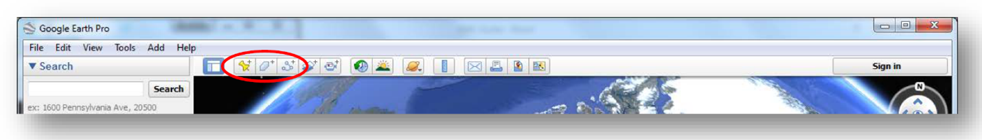 Screenshot of the Placemark, Polygon, and Path icons on the Google Earth Pro application toolbar