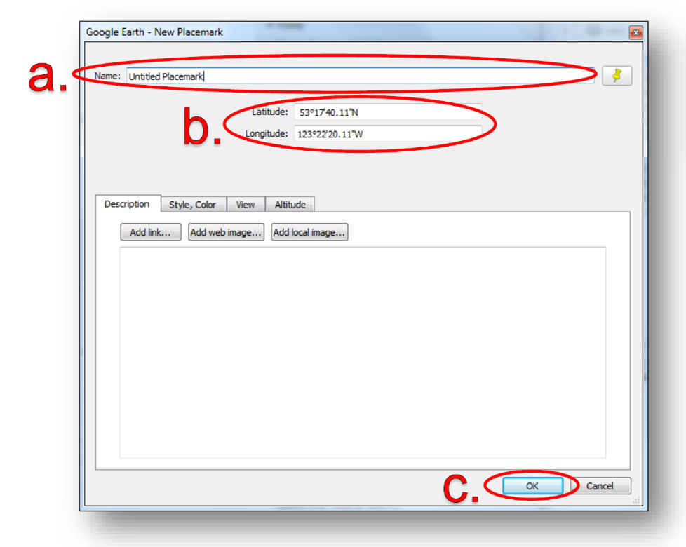 Screenshot of the New Placemark window in Google Earth Pro