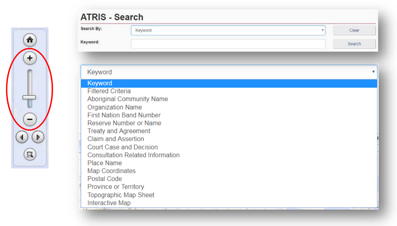 Screenshot of ATRIS map viewer zoom function and search bar