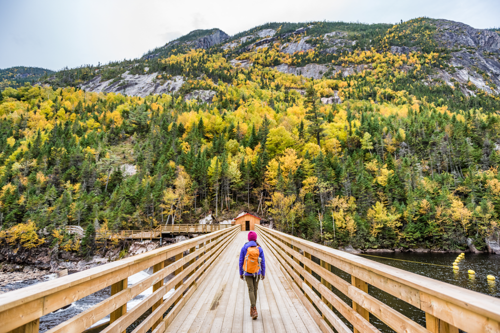 Woman hiking on boardwalk (Charlevoix, Quebec)