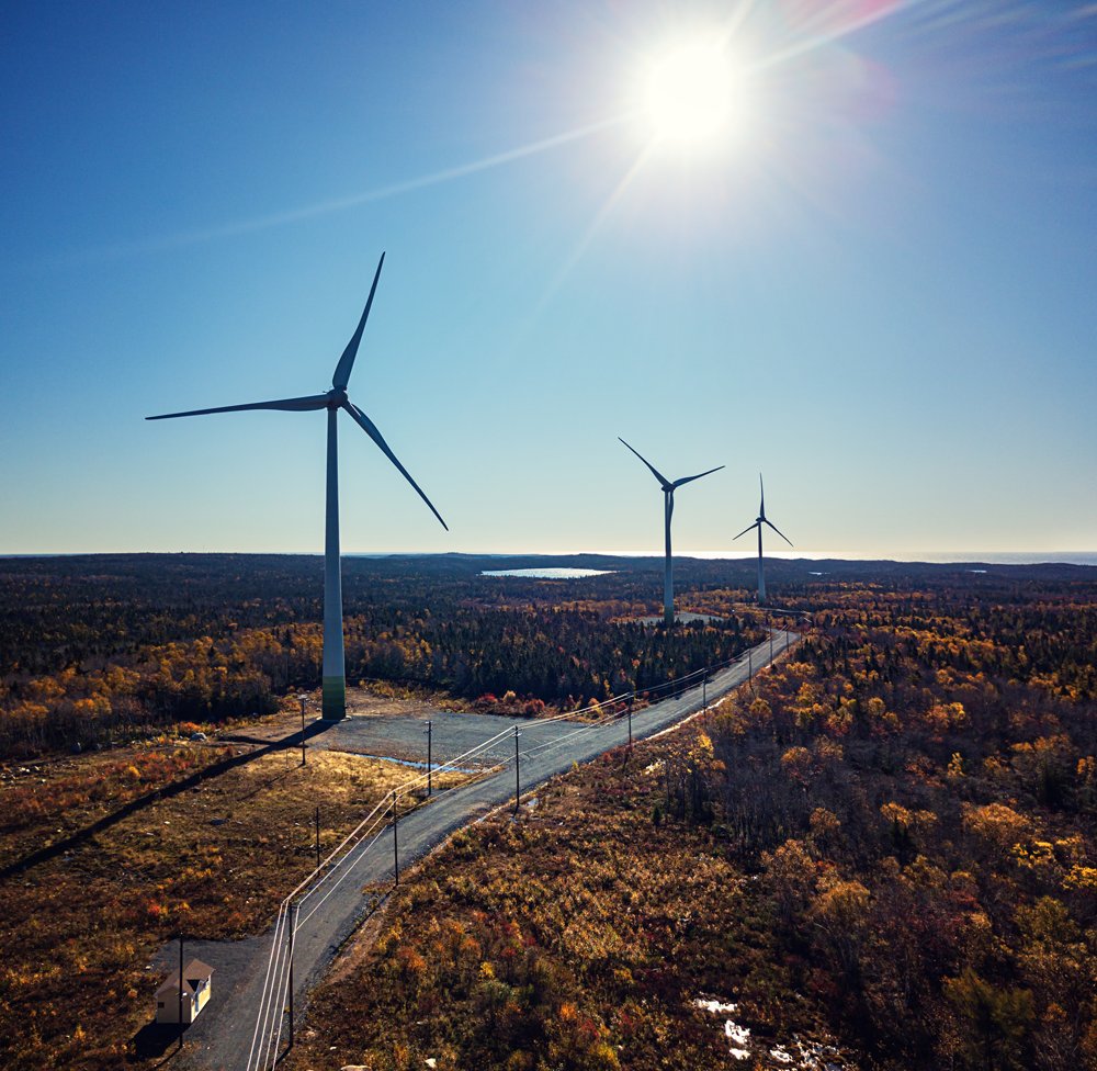 Aerial drone view of a wind turbines