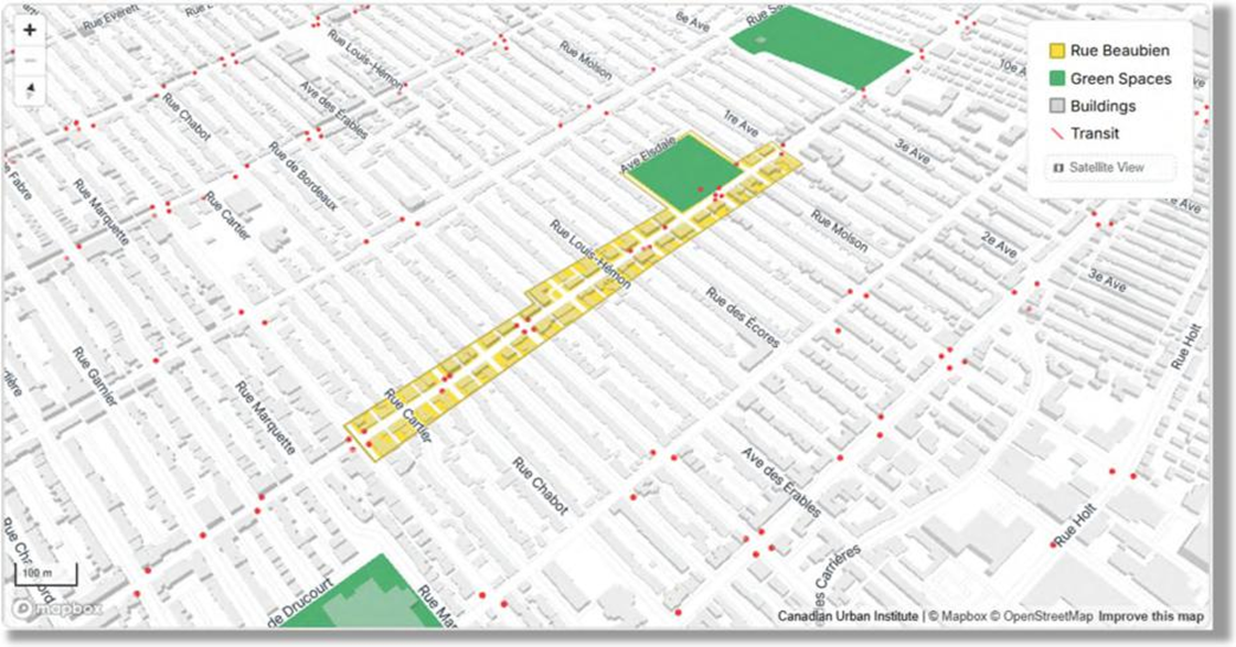 A map showing the streets of a neighbourhood in Montreal. In the centre, a main street in Montreal is highlighted in yellow. The legend in the top right corner indicates that the yellow on the map identifies the main street highlighted on the map as rue Beaubien, the green identifies the green spaces on the map, the grey identifies buildings on the map and the red identifies transit on the map. The bottom right corner indicates that the source of the map is the Canadian Urban Institute.