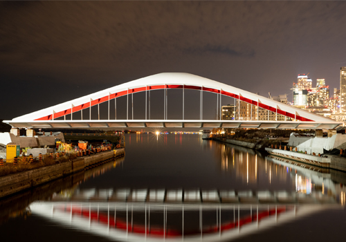 A modern bridge illuminated at night with the city skyline in the background.