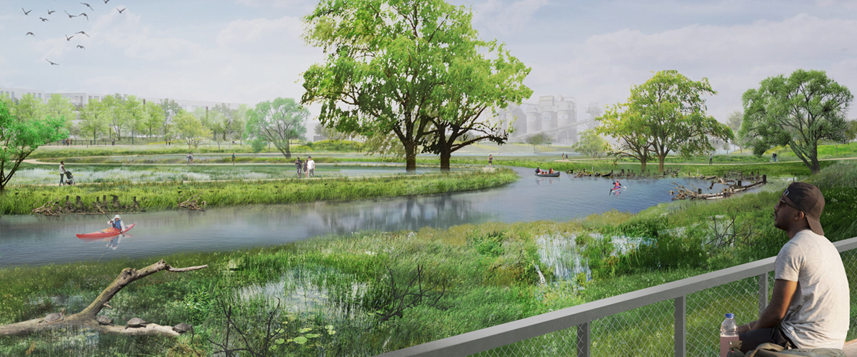 Rendering of a person sitting on a bench and looking out at a green space with a river.