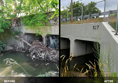 A side-by-side comparison of a culvert before and after construction upgrades. Before image of a partially blocked culvert surrounded by overgrown vegetation. After image of a newly constructed culvert with a clear water passage.