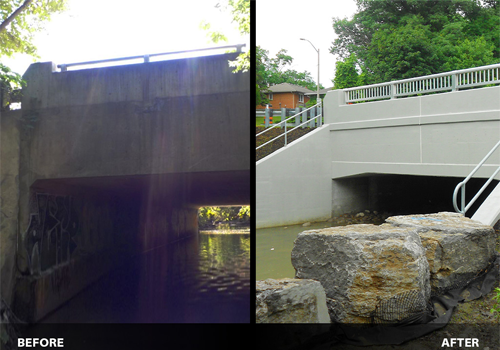 A side-by-side comparison of a culvert before and after construction upgrades. Before image of an older culvert with water passing through each side. After image of a newly renovated and cleaner culvert, equipped with stairs on each side, with water flowing through.