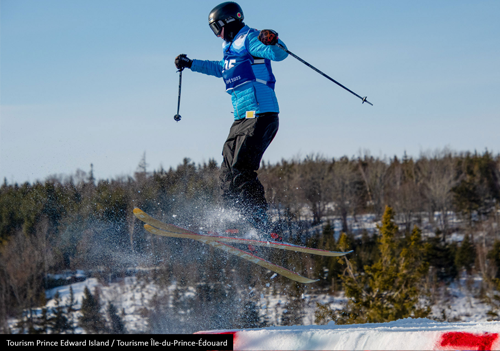 Skier in mid-air as they perform a jump trick