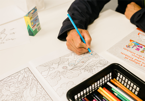 A person colouring in a colouring book.