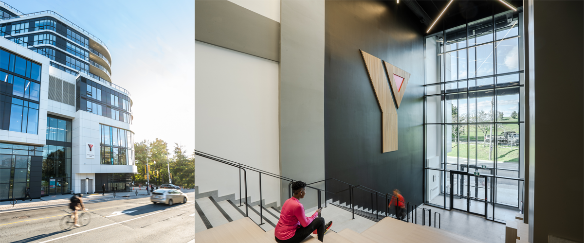 A person cycling in front of the John W. Lindsay YMCA building. - A person sits on steps inside the John W. Lindsay YMCA building.