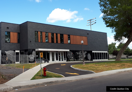 Exterior of a modern, two-story building.