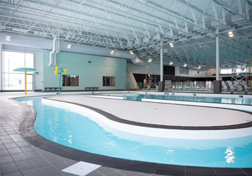 An indoor winding river inside an aquatic centre.