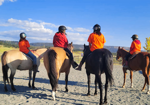 Four people on horseback on a trail.