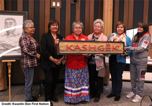 Six people posing and holding sign with text: ‘Kashgêk’