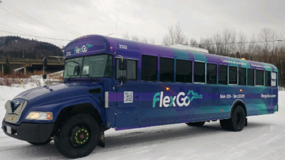 Large purple and blue school bus parked on a slight angle.