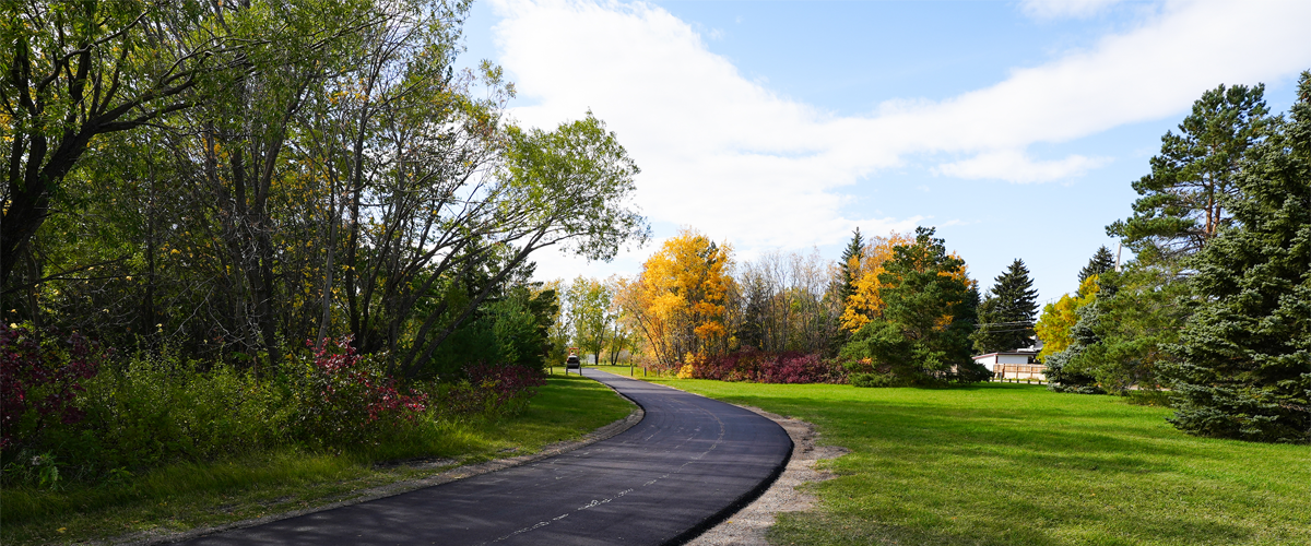 A smooth paved pathway next to trees and a manicured lawn.